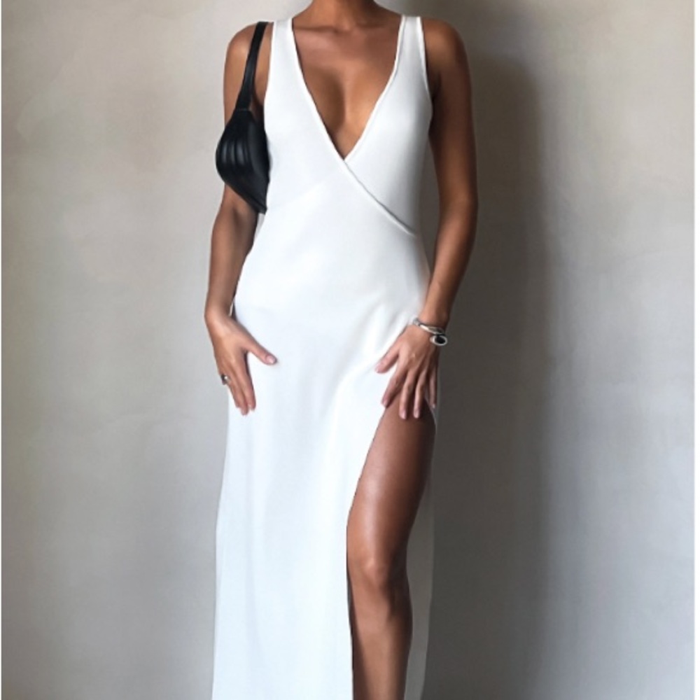 Meshki White Sleeveless Araminta Knit Maxi Dress with High Side Slit